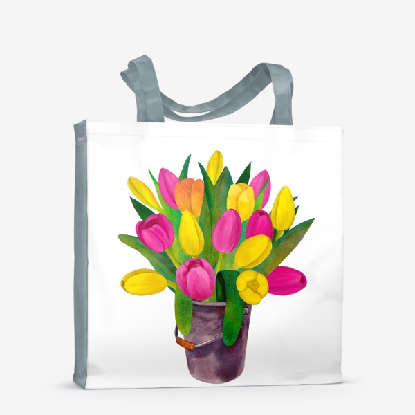 Сумка-шоппер «Яркие розовые, желтые и озовые тюльпаны в ведерке»
