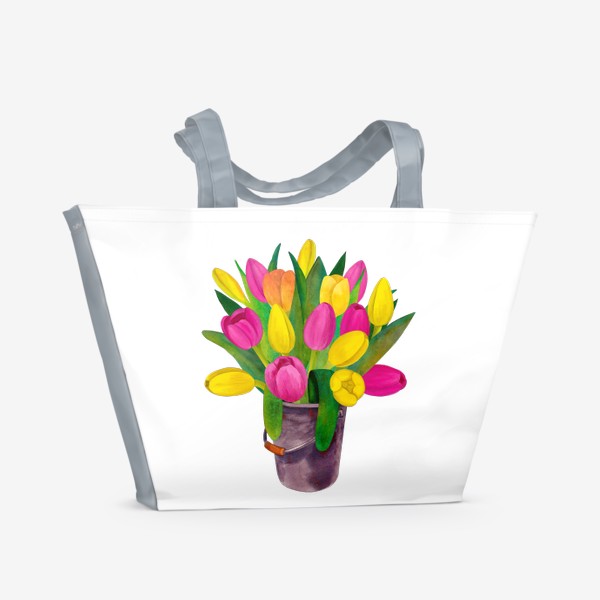 Пляжная сумка «Яркие розовые, желтые и озовые тюльпаны в ведерке»