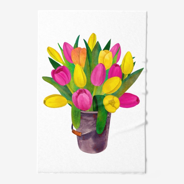 Полотенце «Яркие розовые, желтые и озовые тюльпаны в ведерке»