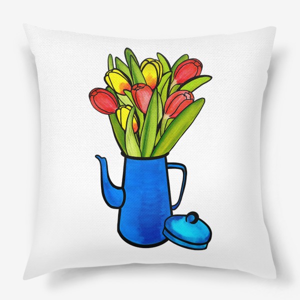 Подушка «Яркие тюльпаны в синем кофейнике»