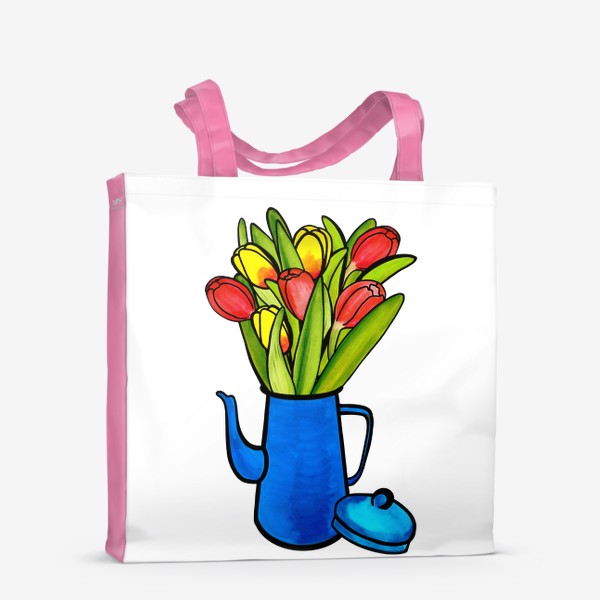 Сумка-шоппер «Яркие тюльпаны в синем кофейнике»