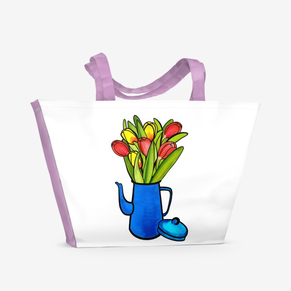 Пляжная сумка &laquo;Яркие тюльпаны в синем кофейнике&raquo;