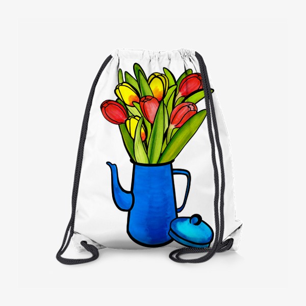Рюкзак «Яркие тюльпаны в синем кофейнике»