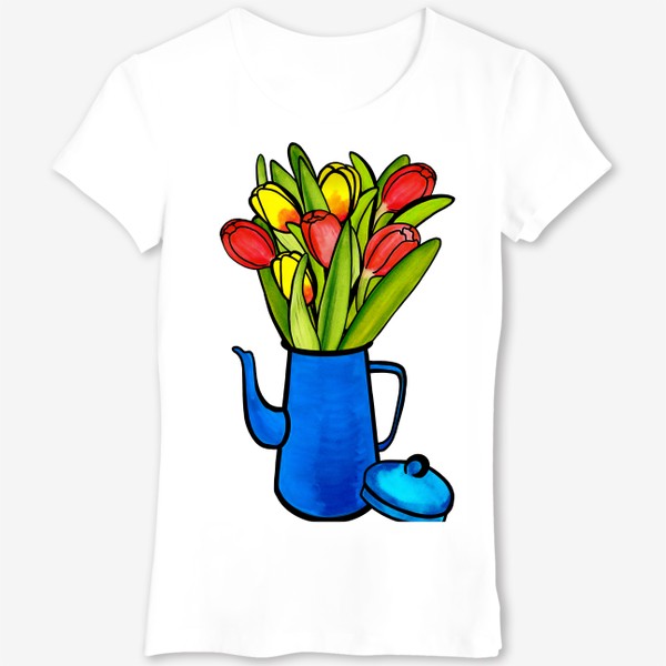 Футболка «Яркие тюльпаны в синем кофейнике»