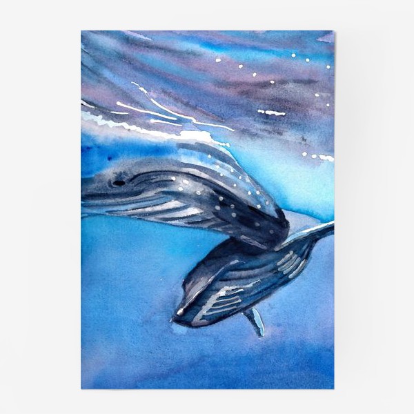 Постер «Два кита под водой. Акварель. Море.»
