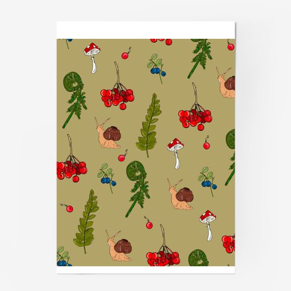 Постер «летний лес. папоротник, ягоды, улитка»