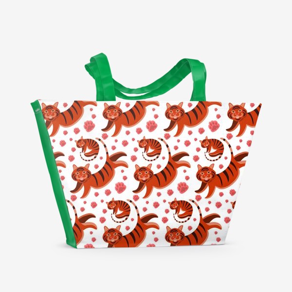 Пляжная сумка &laquo;Паттерн тигры и лапки. Вектор. Цвет. Животные. Диджитал. Арт. Год Тигра 2022.&raquo;