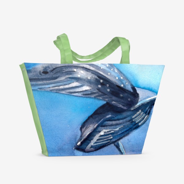 Пляжная сумка «Два кита под водой. Акварель. Море.»