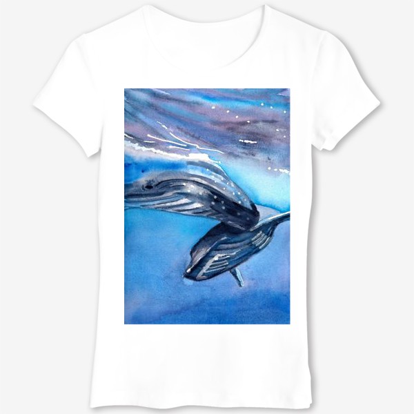 Футболка «Два кита под водой. Акварель. Море.»