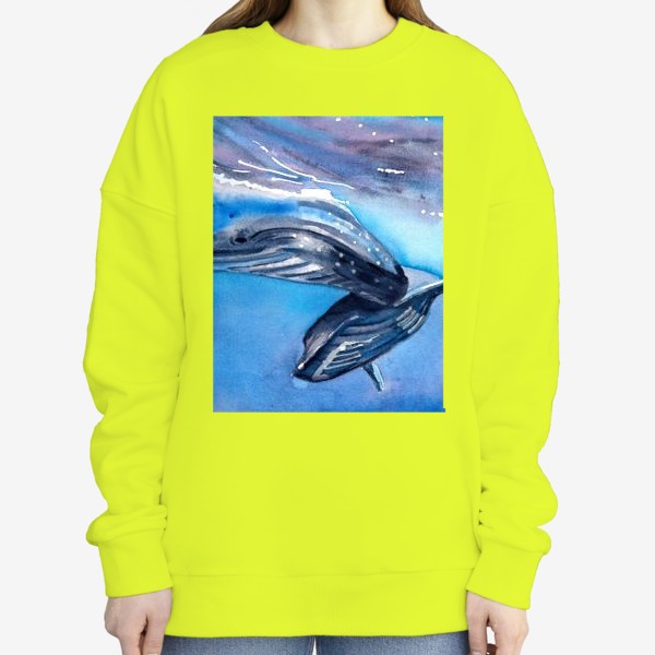 Свитшот «Два кита под водой. Акварель. Море.»