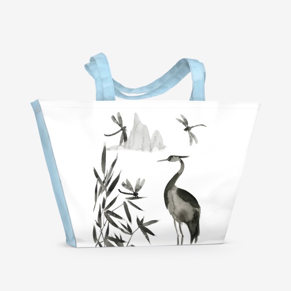 Пляжная сумка &laquo;Японский пейзаж с цаплей и стрекозами&raquo;