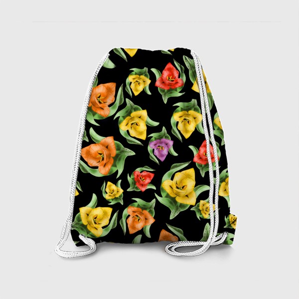 Рюкзак «Яркие Тюльпаны на черном. Тюльпановый Паттерн»