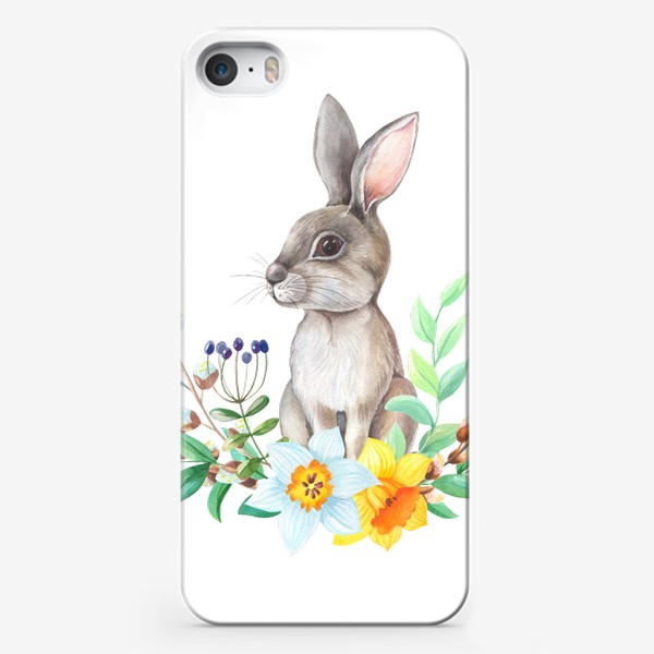 Чехол iPhone «Зайчик с нарциссами, вербой и листьями»