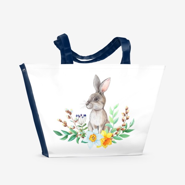 Пляжная сумка «Зайчик с нарциссами, вербой и листьями»