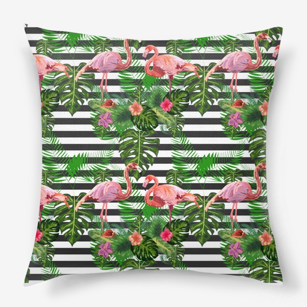 Подушка «Паттерн с розовыми фламинго и тропическими цветами»