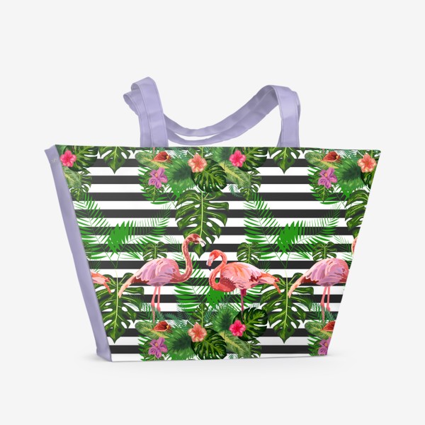 Пляжная сумка «Паттерн с розовыми фламинго и тропическими цветами»