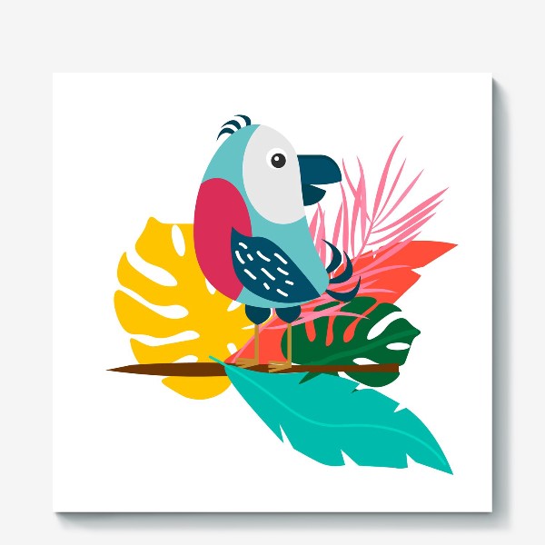 Холст «Тропический попугай на  ветке  с листьями»