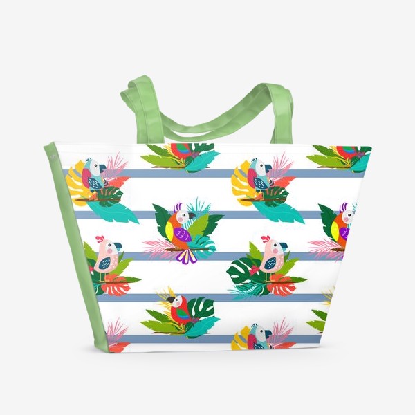 Пляжная сумка «Попугаи на полосатом фоне»