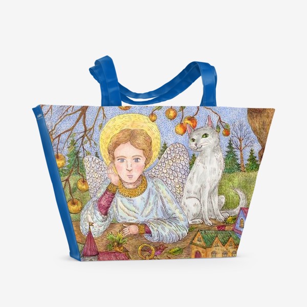 Пляжная сумка «Тихий вечер. Ангел и кот в саду»