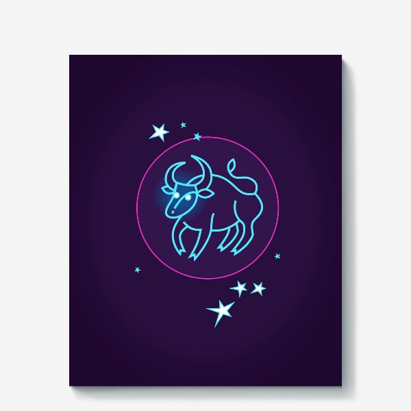 Холст «Знак Зодиака Телец. Светящийся голубой контур быка в круге со звездами.»