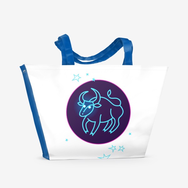 Пляжная сумка &laquo;Знак Зодиака Телец. Светящийся голубой контур быка в круге со звездами.&raquo;