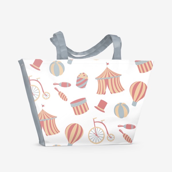 Пляжная сумка &laquo;Паттерн детский, цирковой. Цирковой шатер, велосипед, мяч, шляпа и другое.&raquo;
