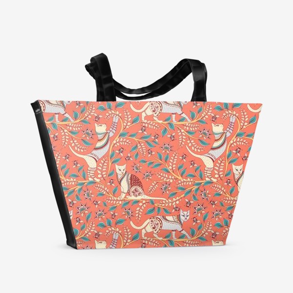 Пляжная сумка «Кошки на ветках. Паттерн в стиле KALAMKARI (индийский орнамент).»