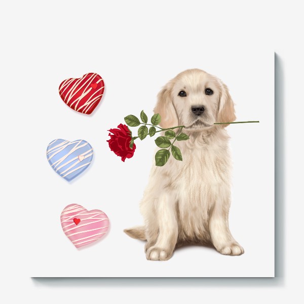 Холст &laquo;Golden Retriever with Rose and Love&raquo;