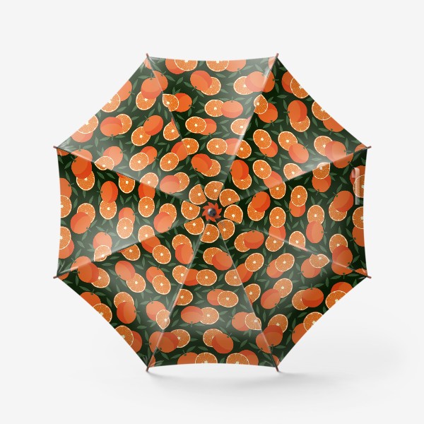 Зонт «Апельсиновый сад. Оранжевые апельсины с зелеными листьями на темном фоне»