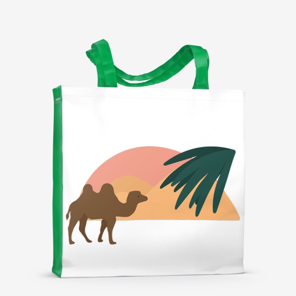 Сумка-шоппер «Верблюд в пустыне на закате, восходе с листьями и абстрактными пятнами»