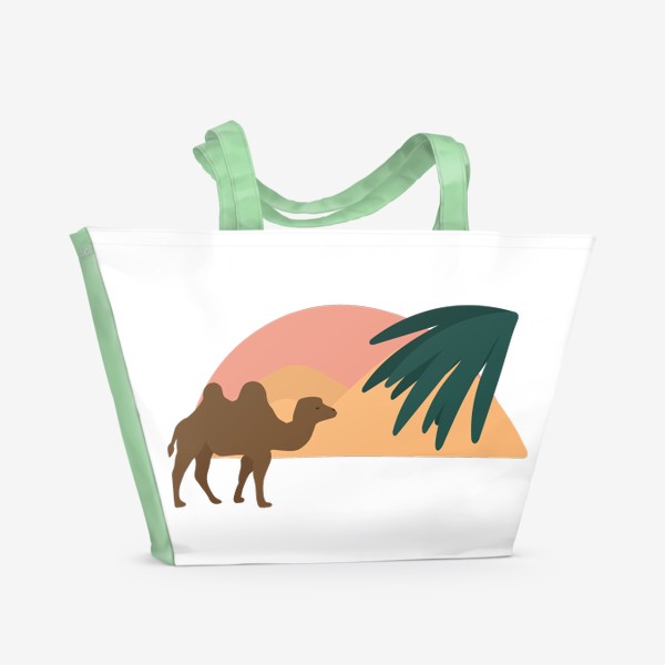 Пляжная сумка «Верблюд в пустыне на закате, восходе с листьями и абстрактными пятнами»