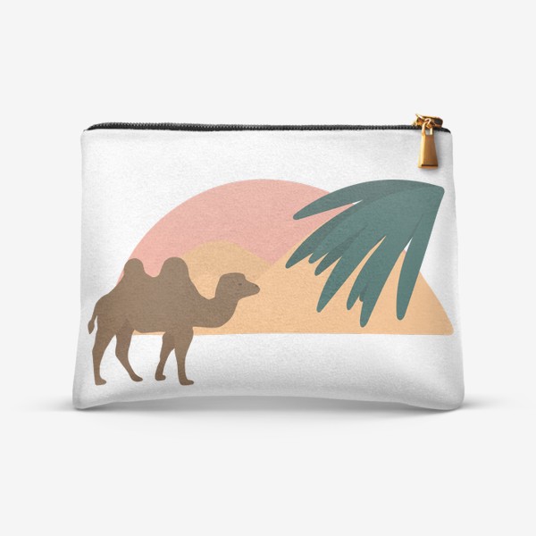 Косметичка «Верблюд в пустыне на закате, восходе с листьями и абстрактными пятнами»