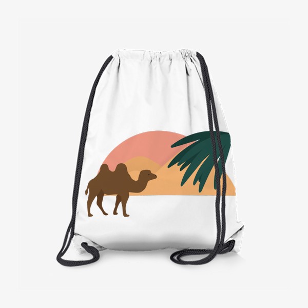 Рюкзак «Верблюд в пустыне на закате, восходе с листьями и абстрактными пятнами»