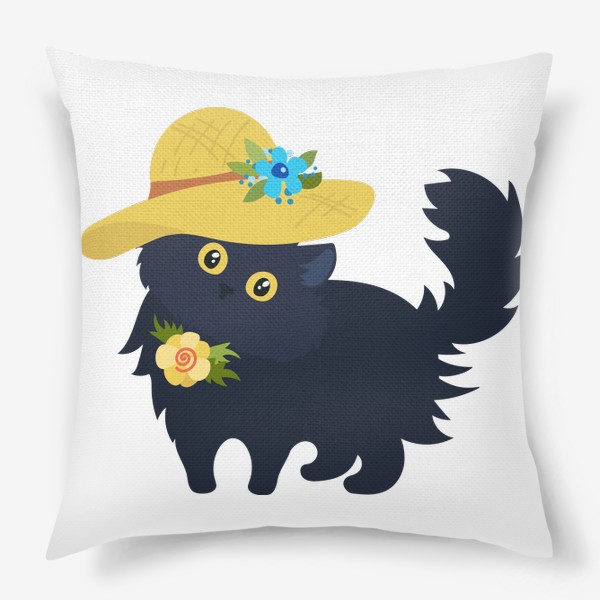 Подушка «Черный кот в соломенной шляпке»