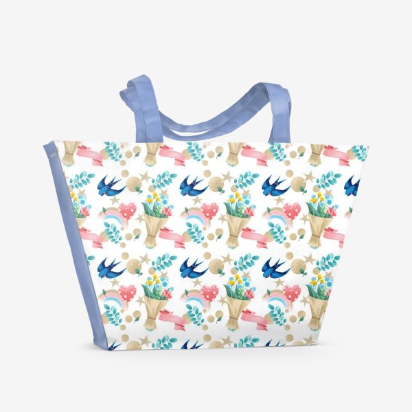 Пляжная сумка «Весенний паттерн с цветами и птицами»