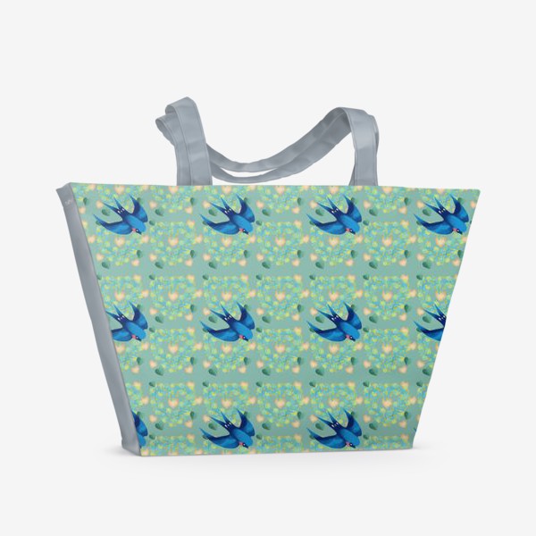 Пляжная сумка «ласточка на зеленом цветочном фоне»