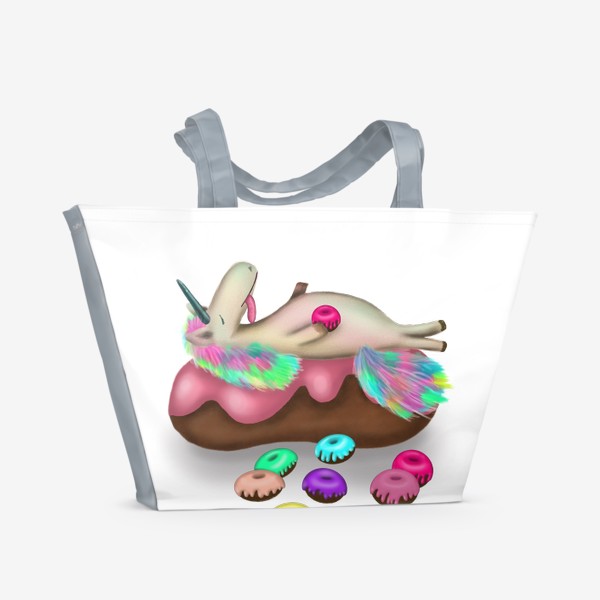 Пляжная сумка «Единорог сластена, объелся пончиками и спит»