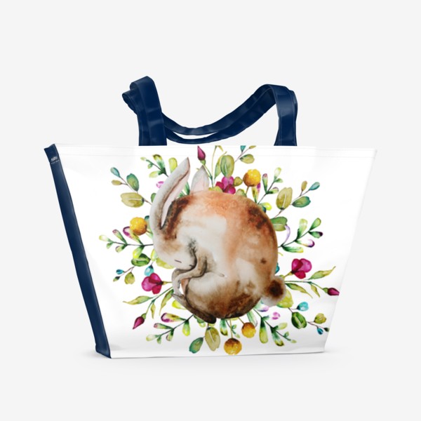 Пляжная сумка «Спящий кролик. Заяц в цветах. Акварель»