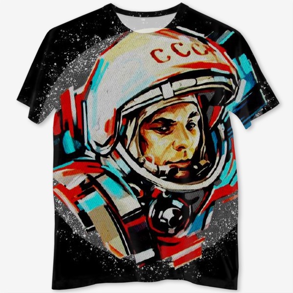 Футболка с полной запечаткой «Гагарин. Black. День космонавтики. Космос. Небо. Полет.»