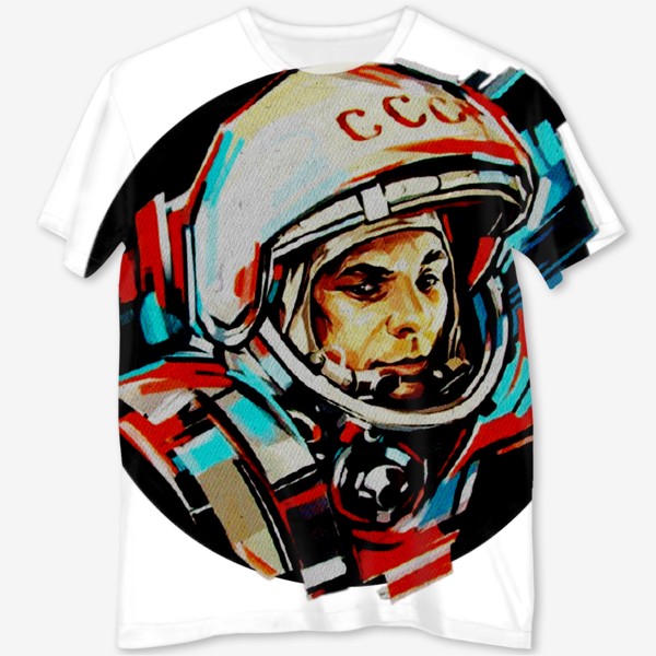 Футболка с полной запечаткой «Гагарин. Без фона. День космонавтики. Космос. Небо. Полет.»