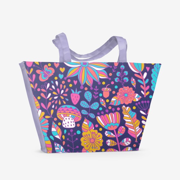 Пляжная сумка «Фиолетовый паттерн с листочками, цветами и ягодами»