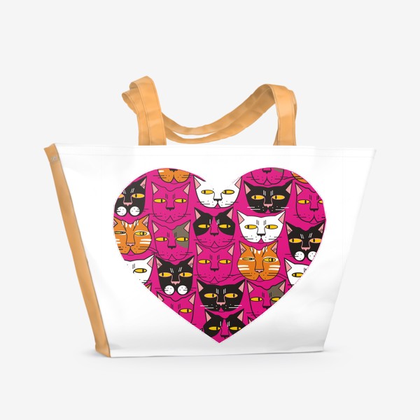 Пляжная сумка «Кошачьи мордашки в пурпурном сердце»