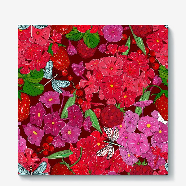 Холст «красные цветы, ягоды и стрекоза»