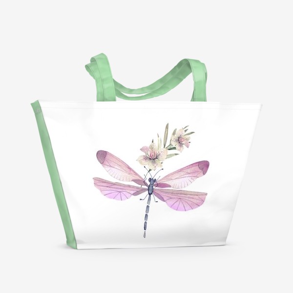 Пляжная сумка «розовая стрекоза с веточкой цветов »