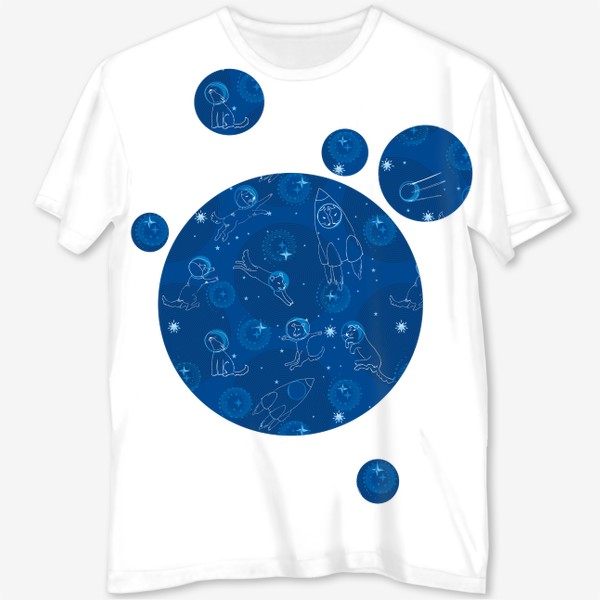 Футболка с полной запечаткой «Белка и стрелка в синем космосе»