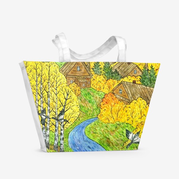 Пляжная сумка «Осень в деревне. Пейзаж акварелью»
