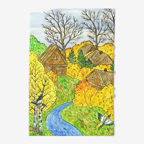 Полотенце «Осень в деревне. Пейзаж акварелью»