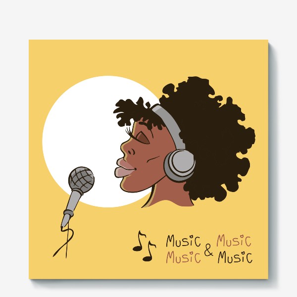 Холст &laquo;афроамериканка девушка микрофон и наушники на фоне солнца: музыка&raquo;