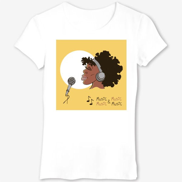 Футболка &laquo;афроамериканка девушка микрофон и наушники на фоне солнца: музыка&raquo;