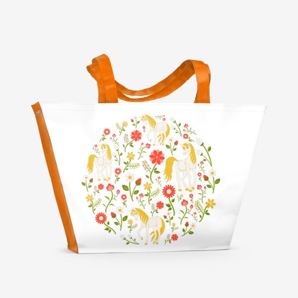 Пляжная сумка «Цветочный круговой узор с единорогами»